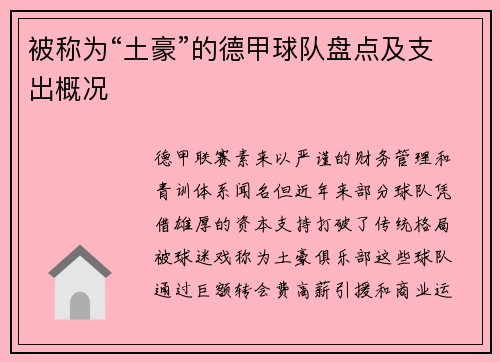 被称为“土豪”的德甲球队盘点及支出概况
