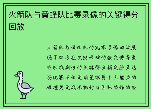 火箭队与黄蜂队比赛录像的关键得分回放